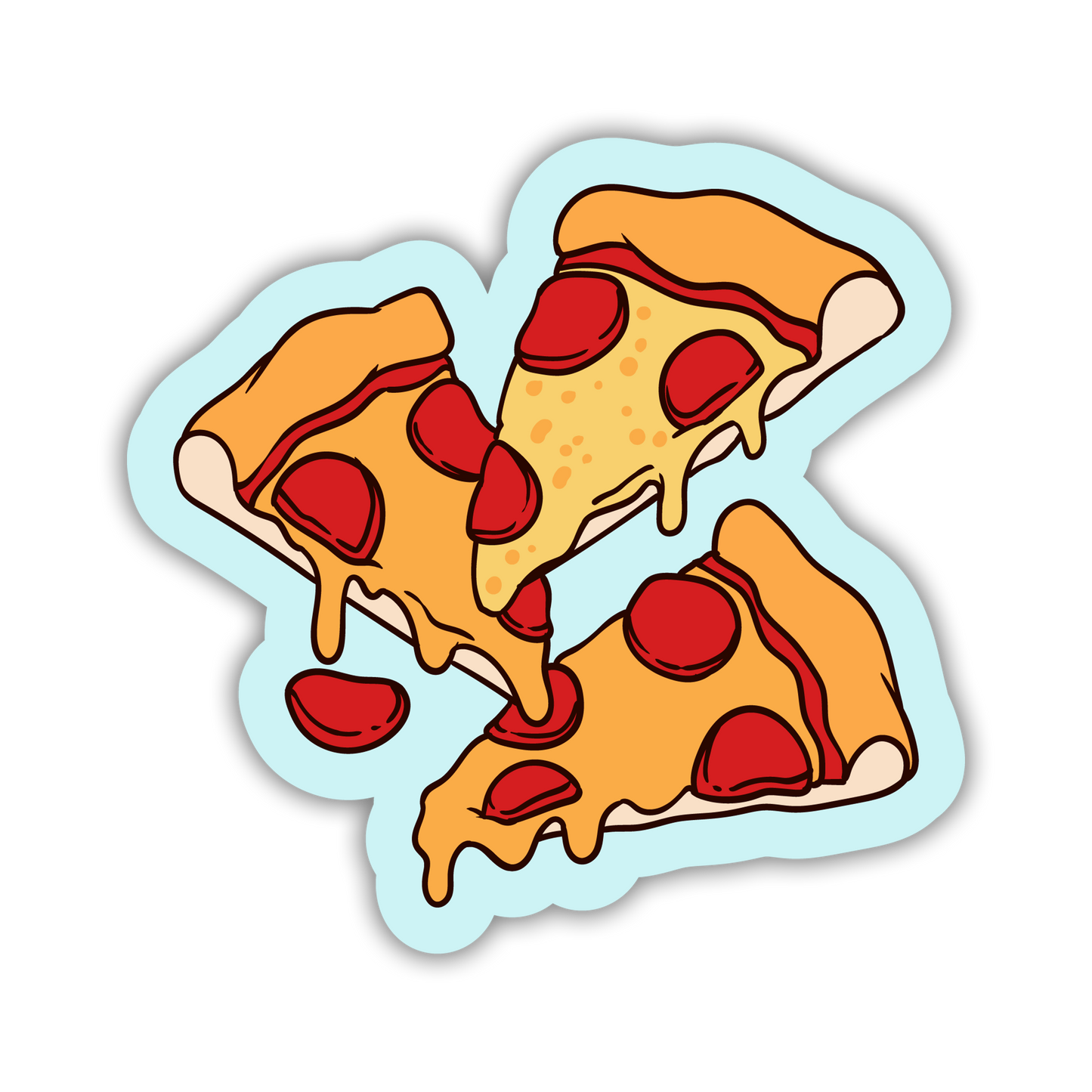 Sticker of pizza slices with pepperoni on a light blue border