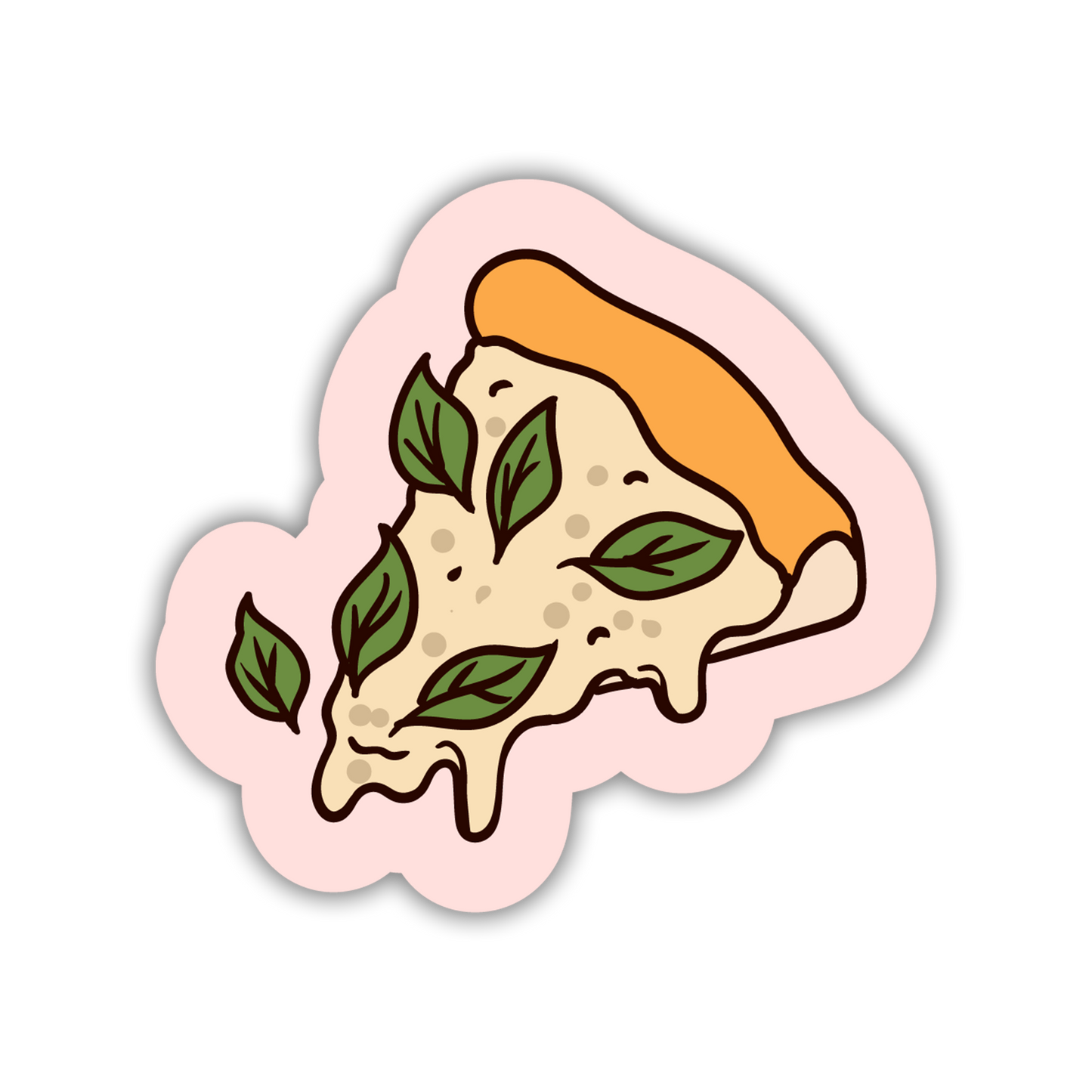 Sticker of a slice of pizza with leaves on a pink border
