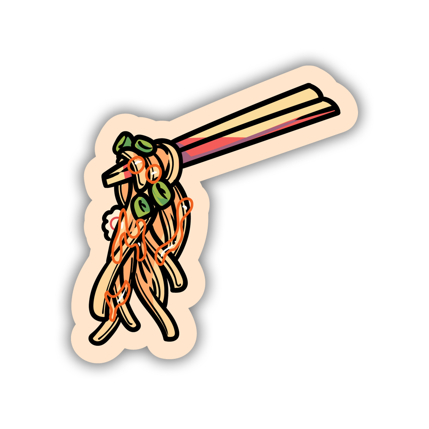 Sticker with a design of noodles and chopsticks on a beige background