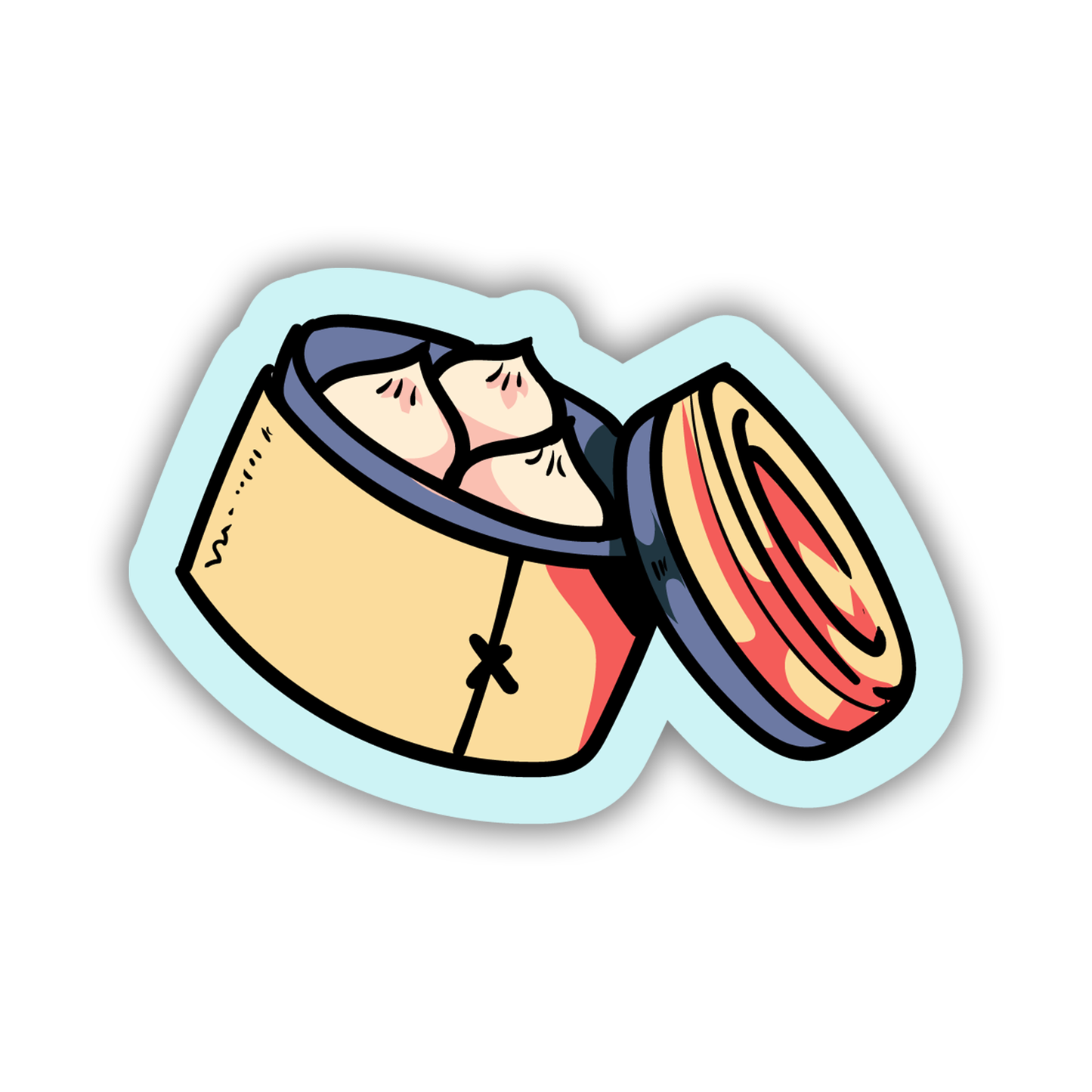 Cartoon-style makeup compact on a light blue background