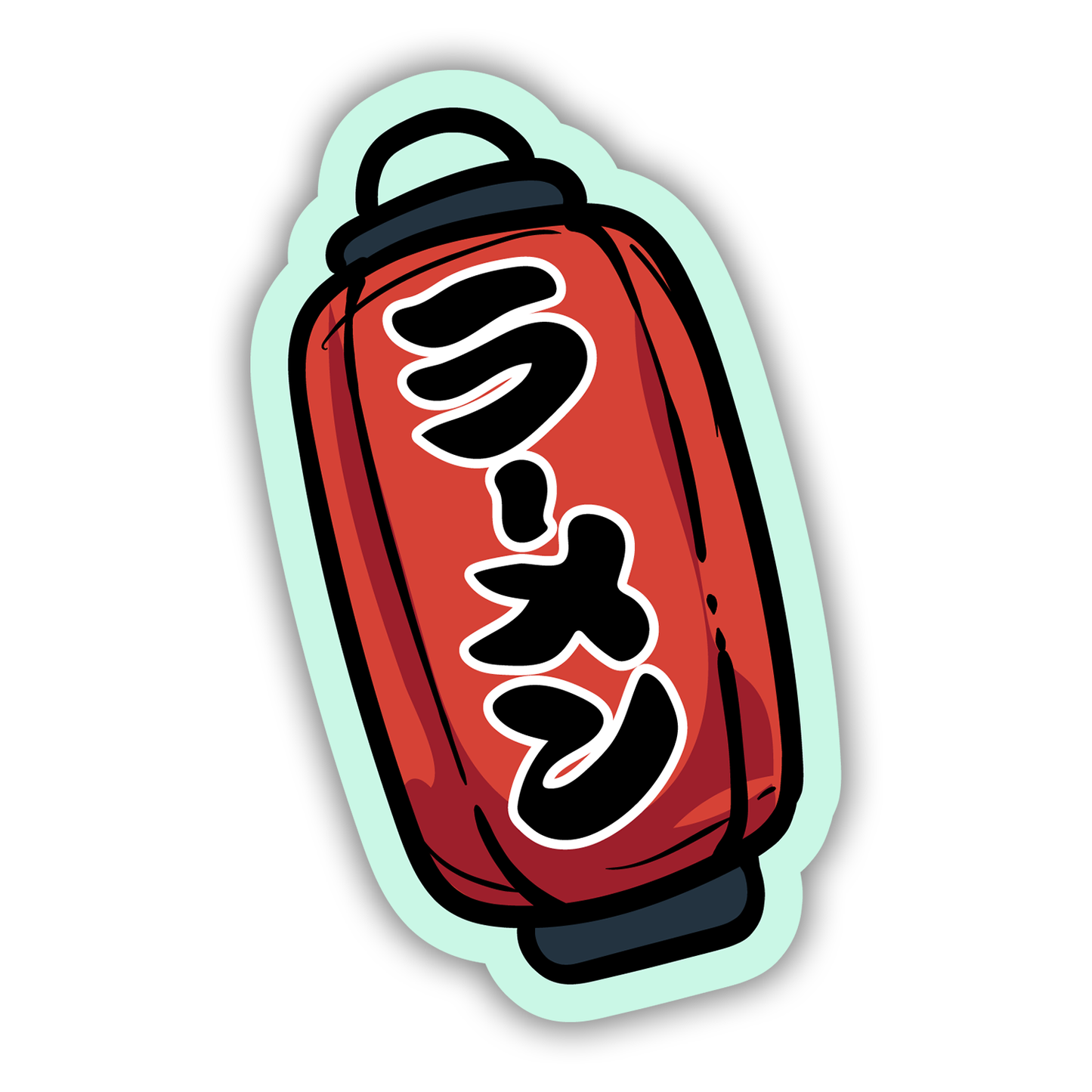 Sticker of a red can with black text on a light blue background