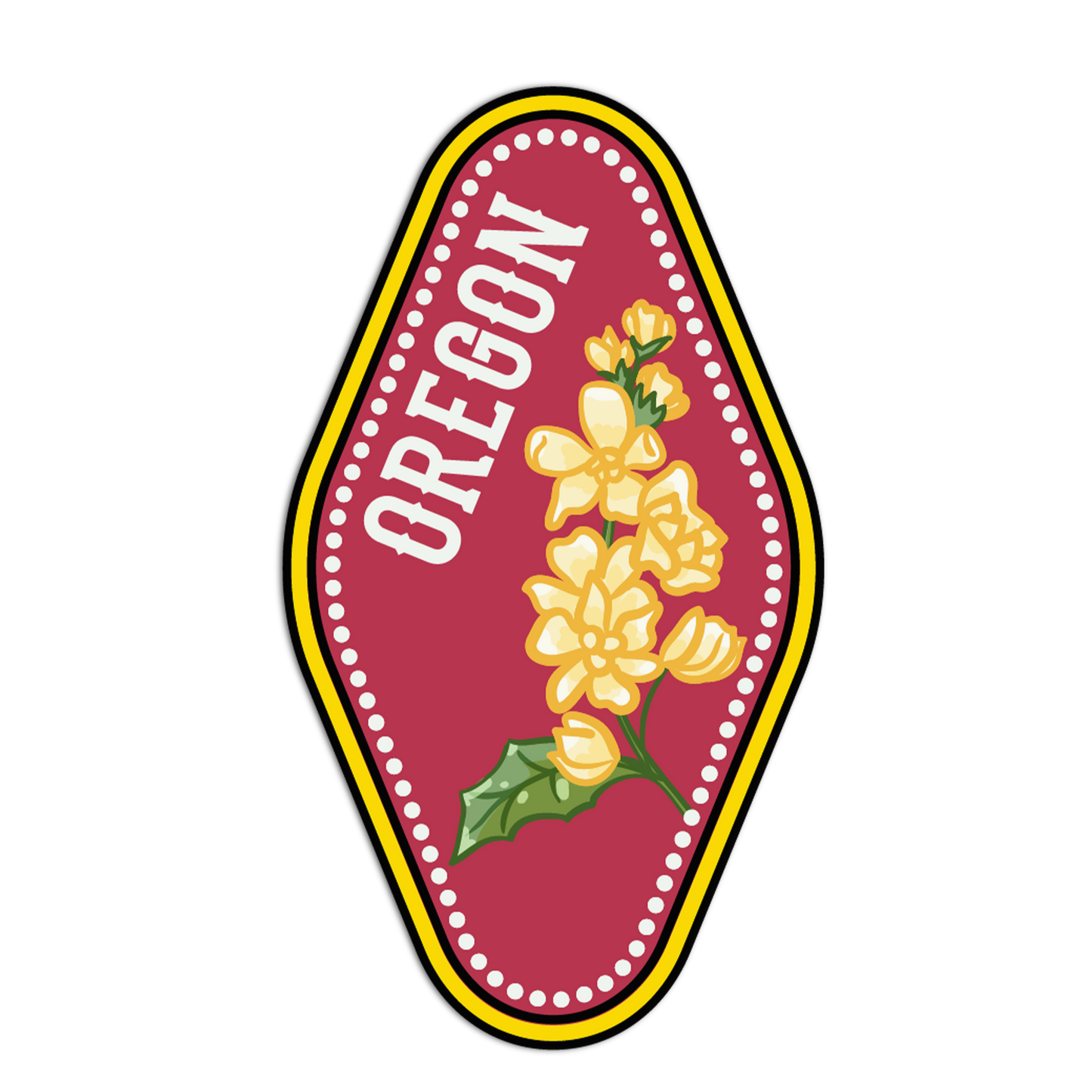 Oregon-themed sticker with yellow flowers on a red background