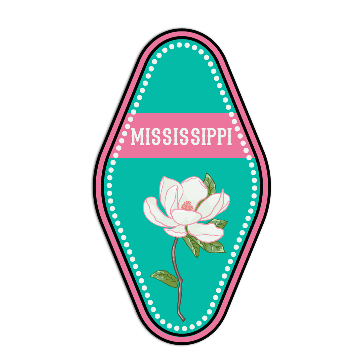 Sticker with a magnolia flower and 'Mississippi' text on a teal background
