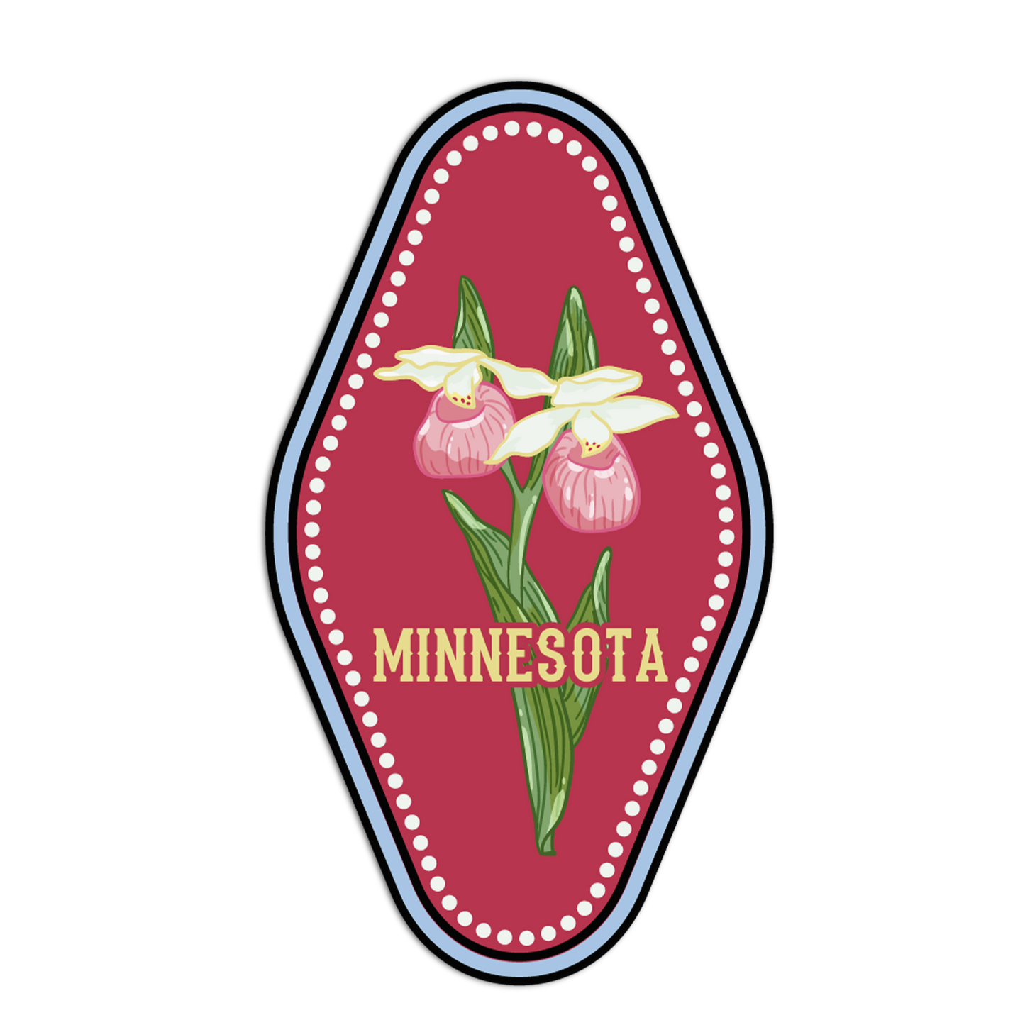 Minnesota state flower emblem with pink lady's slipper orchids on a red background