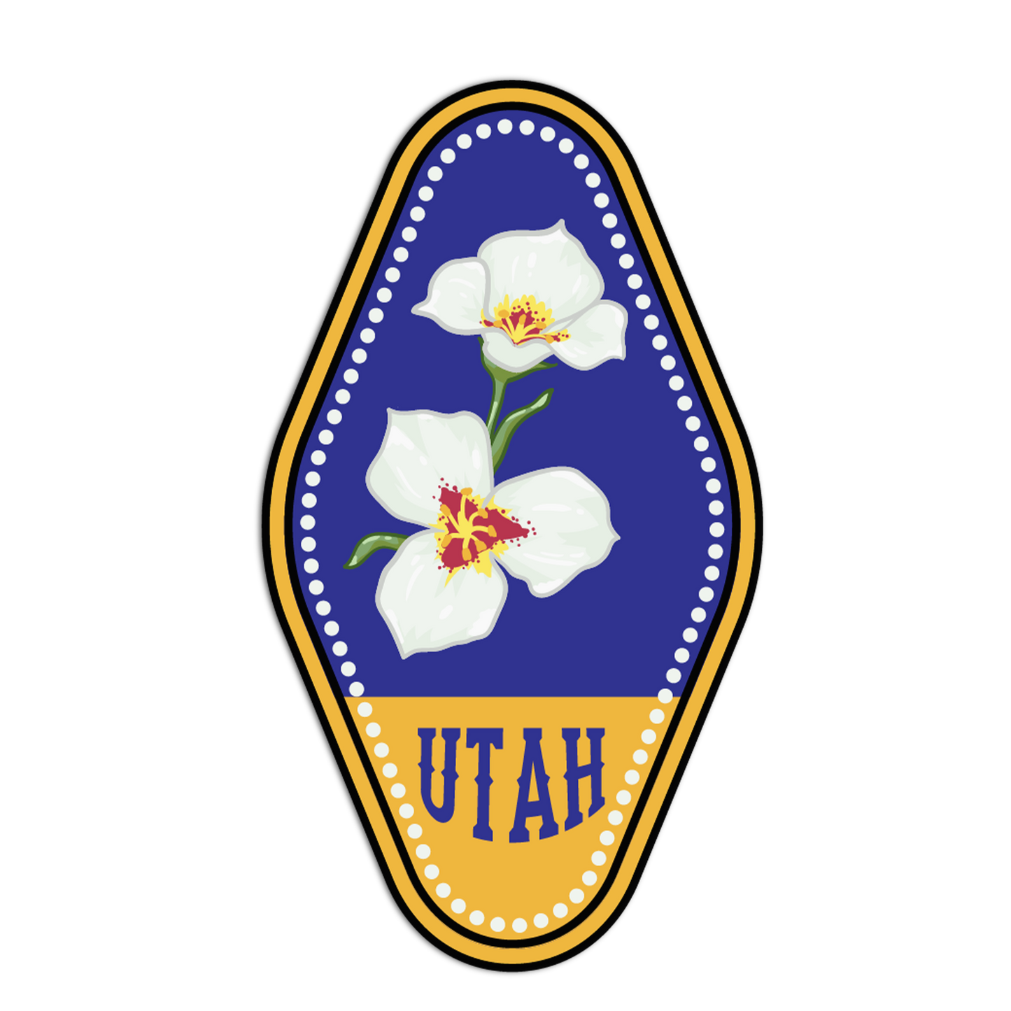 Emblem with Utah state flowers and 'UTAH' text on a blue and yellow background