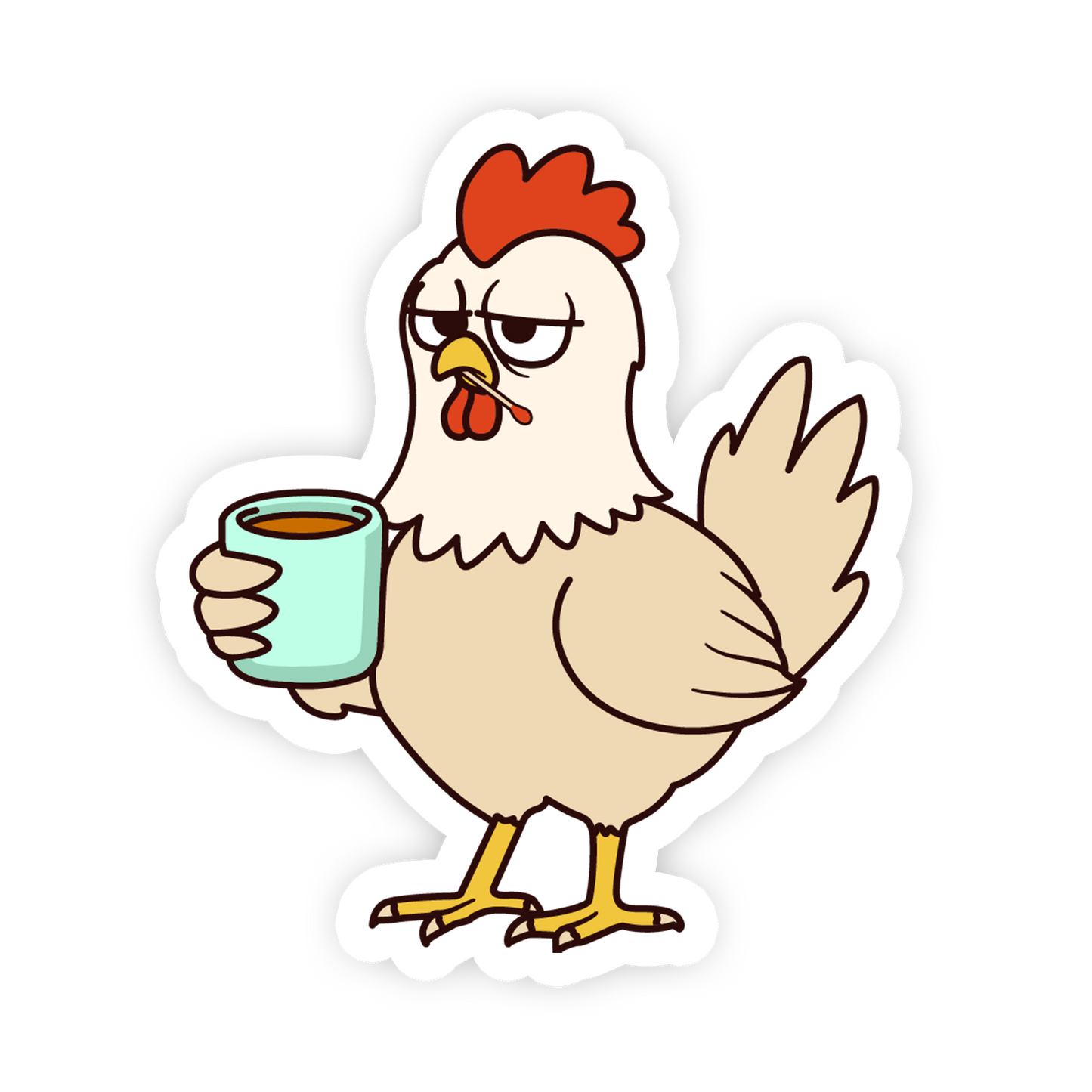 Cartoon chicken holding a cup of coffee on a white background