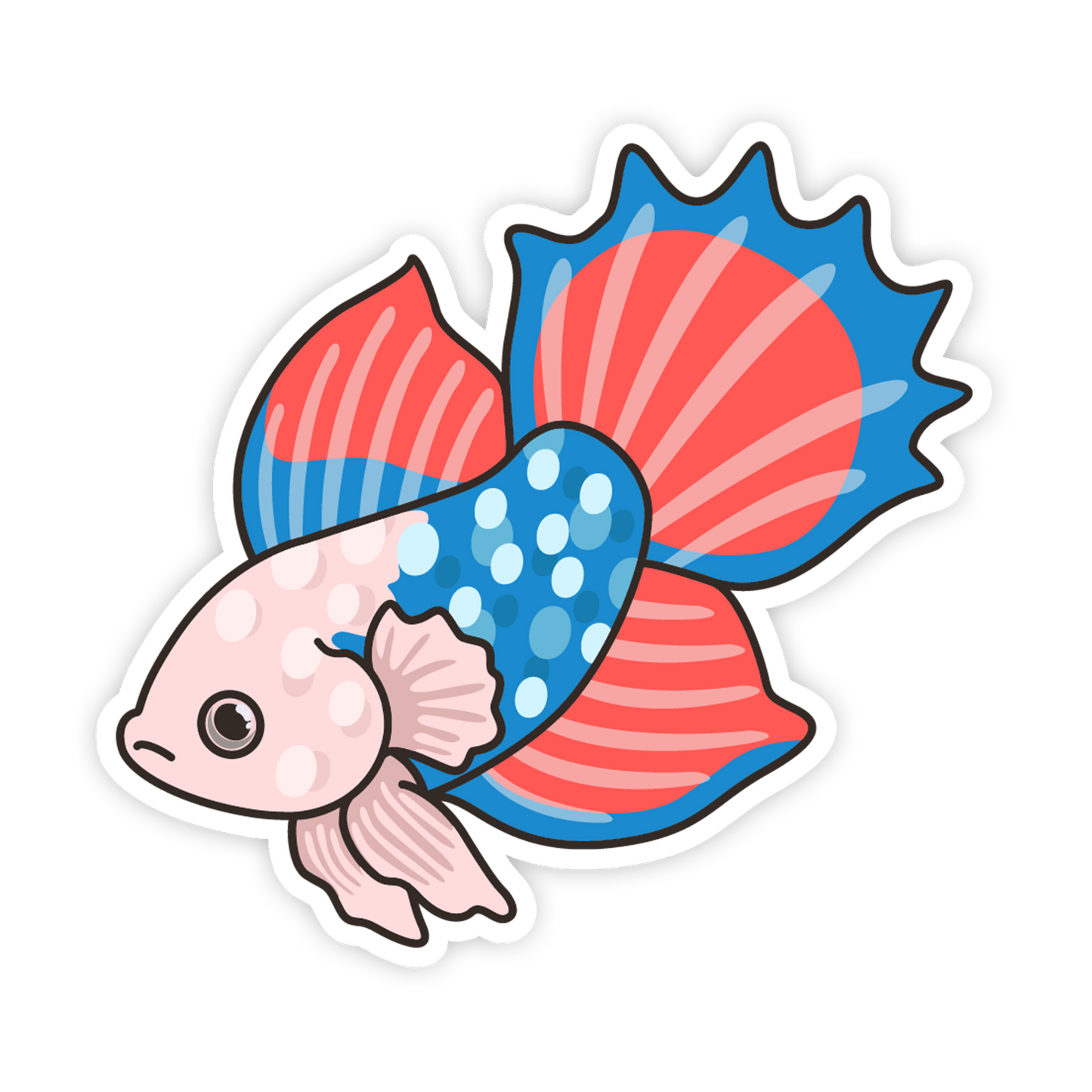 Cartoon fish with red and blue tail on a white background
