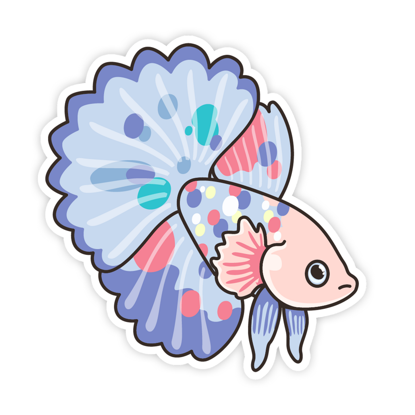 Colorful cartoon fish with a polka dot pattern on a white background