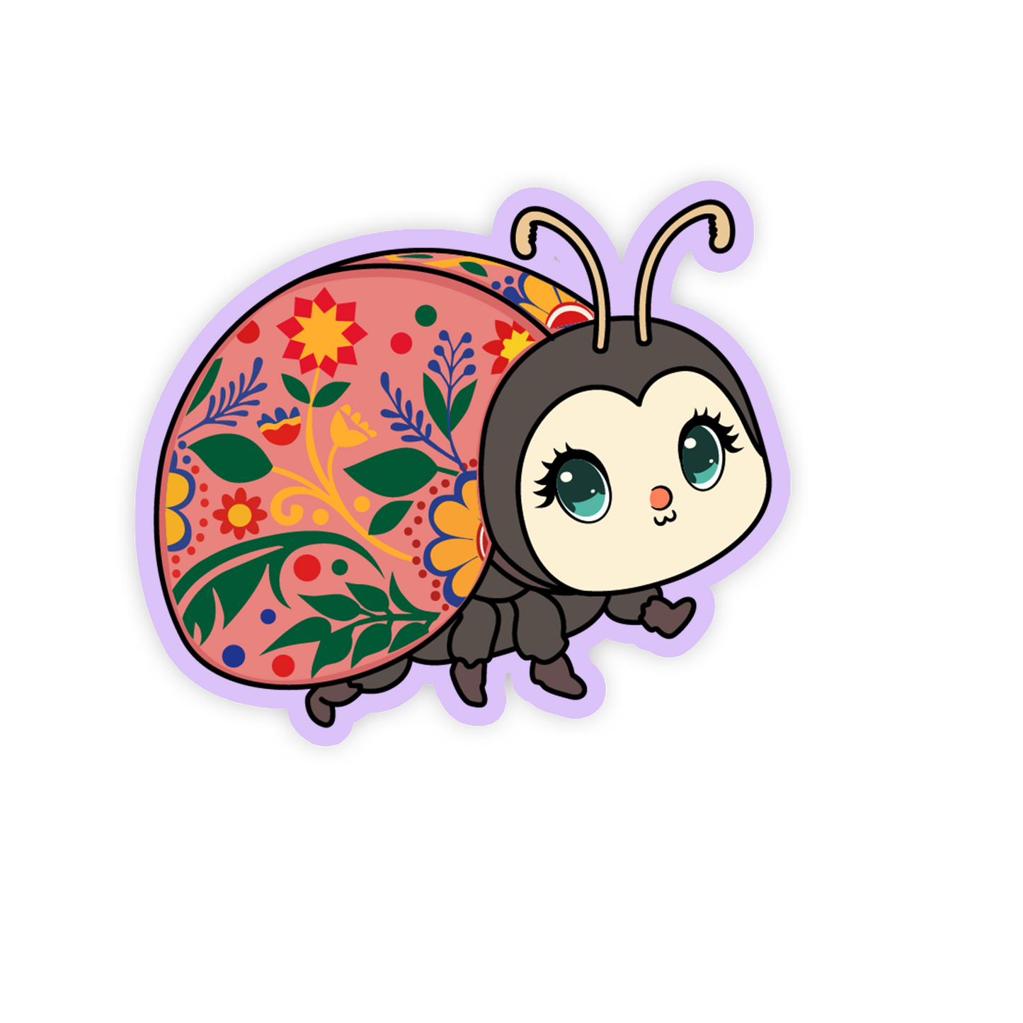 Cartoon ladybug with floral pattern on a white background