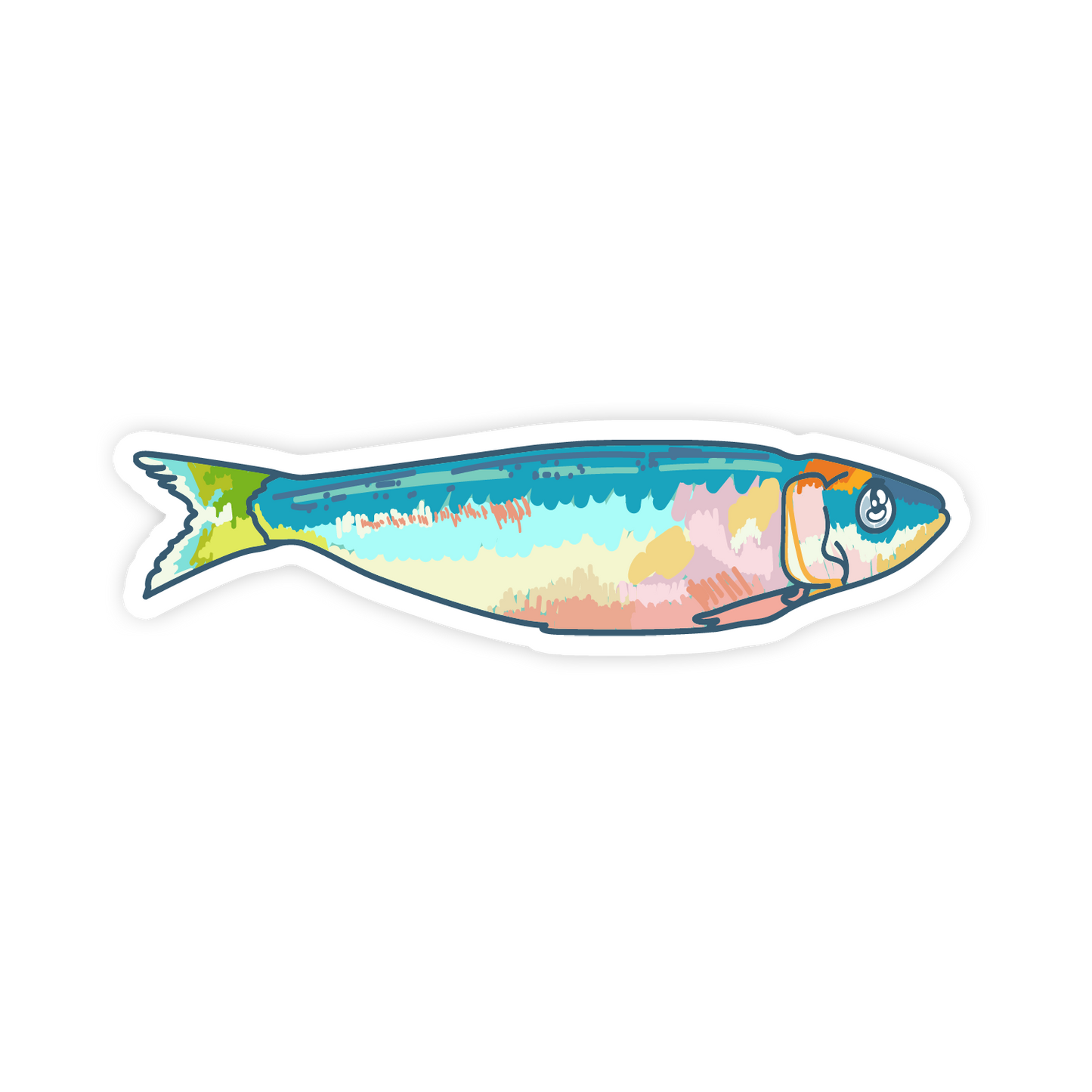 Colorful fish-shaped sticker with a scenic design on a white background