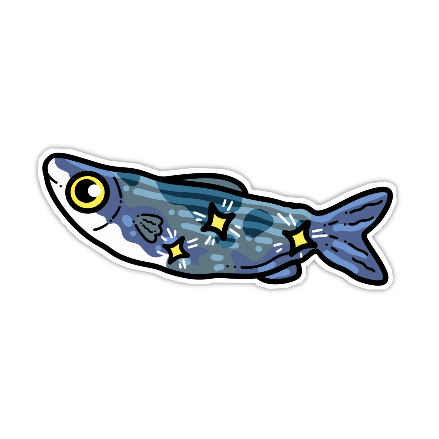 Cartoon fish with star patterns on a white background