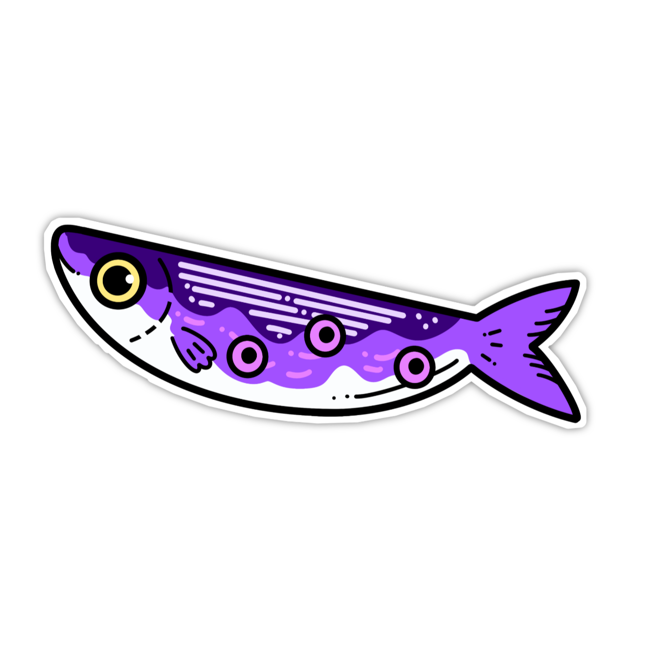 Sticker of a purple fish with black outline on a white background