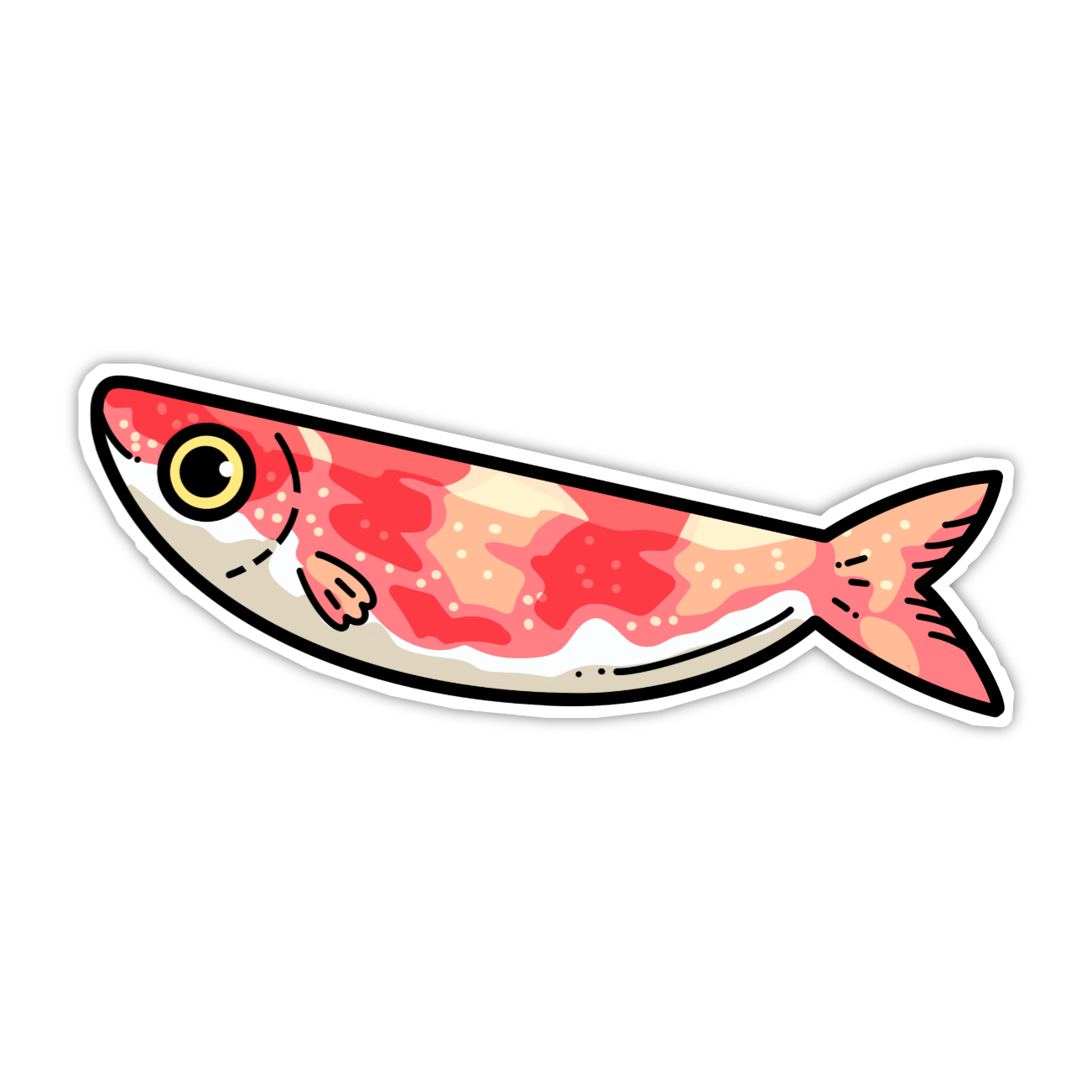 Cartoon fish with red and pink pattern on a white background