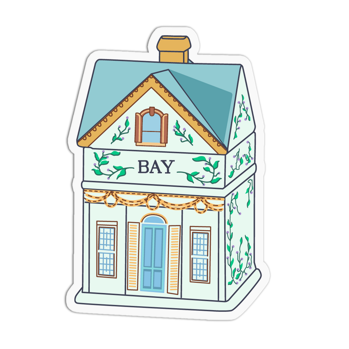A die-cut sticker featuring a whimsical house illustration with the word 'BAY' on the facade, shown on a plain white background.