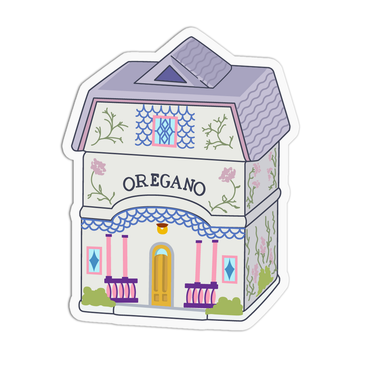 A die-cut sticker featuring a whimsical illustration of a house labeled 'OREGANO' on the front, with pastel purple, pink, blue, green, and yellow details, shown on a plain white background.