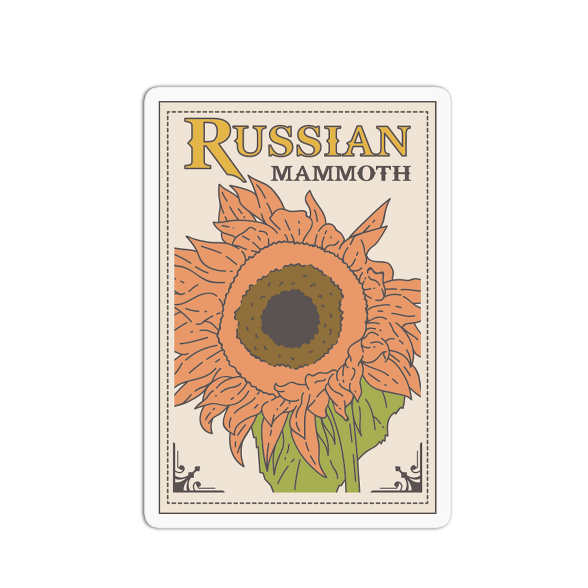 A rectangular sticker or card featuring a vintage-style sunflower illustration with the words 'RUSSIAN MAMMOTH' at the top, shown on a plain white background.