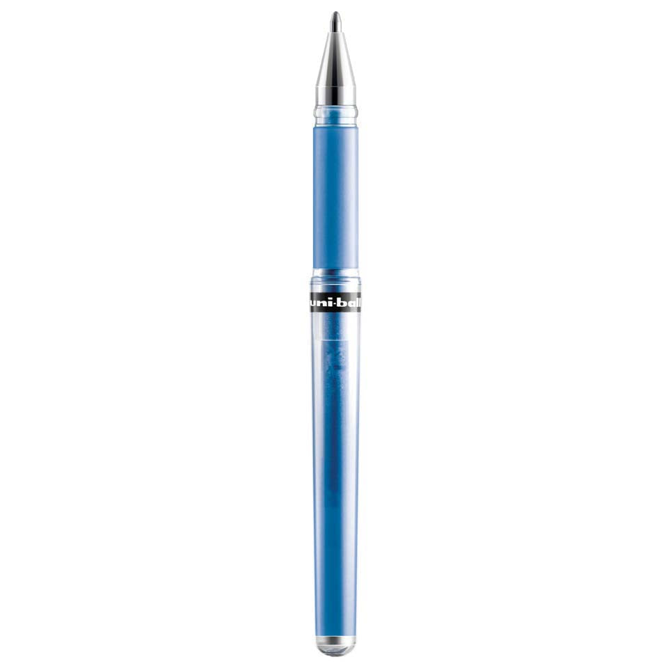 Blue pen with silver accents on a white background
