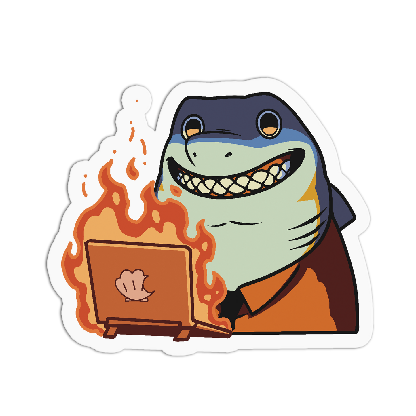 A cartoon shark character with a wide grin, wearing an orange shirt and dark blue head covering, sitting in front of a laptop on a stand with flames rising from it. The shark is shown as a die-cut sticker or decal on a plain white background.
