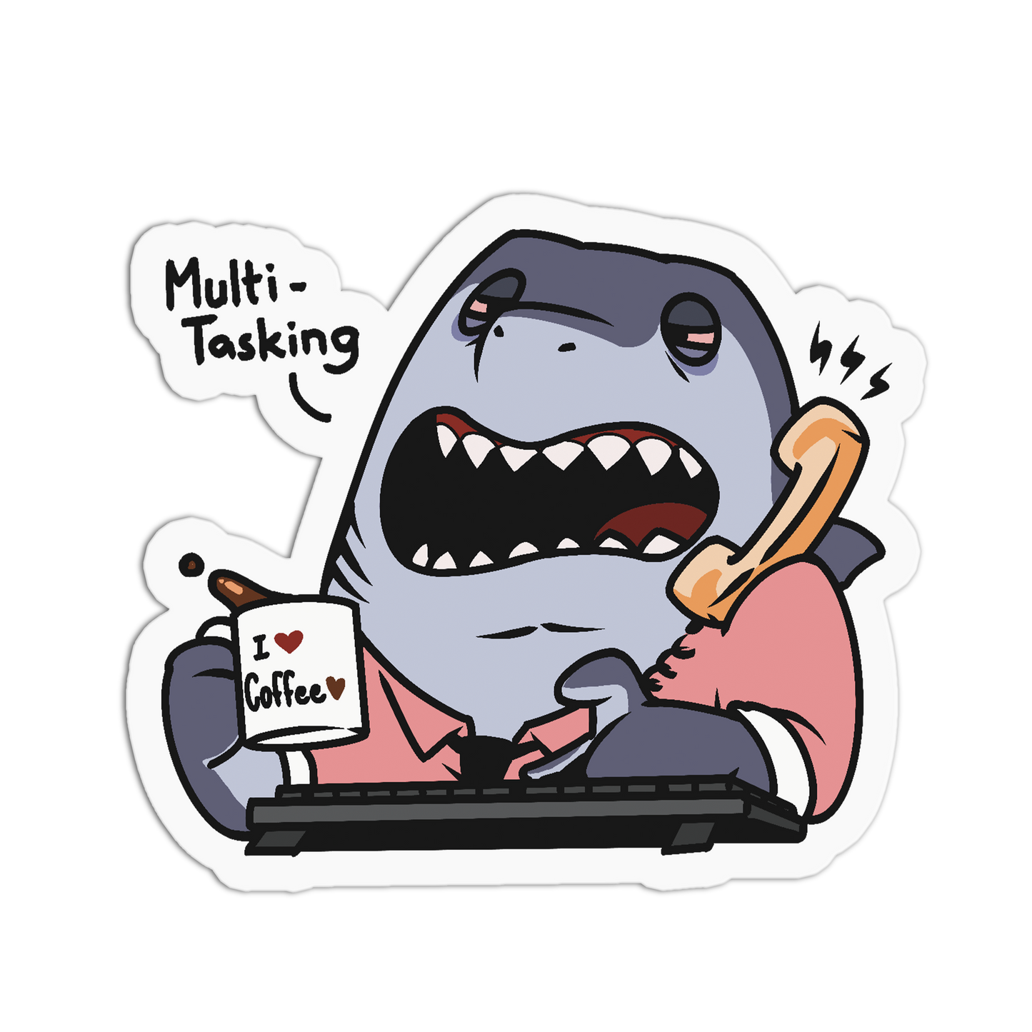 A cartoon shark character sticker or decal shown on a plain white background. The shark is wearing a pink shirt, typing on a keyboard, holding a phone, and holding a mug that says 'I ♥ Coffee'.
