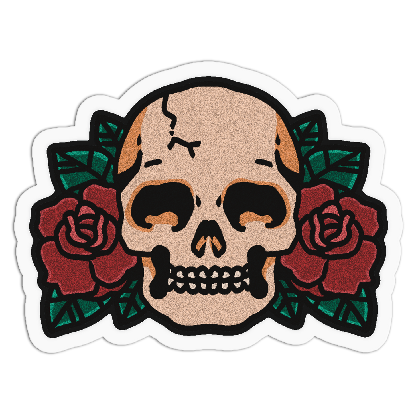 A die-cut sticker featuring a traditional tattoo-style skull centered between two red roses with green leaves, outlined in black and shown on a white background.