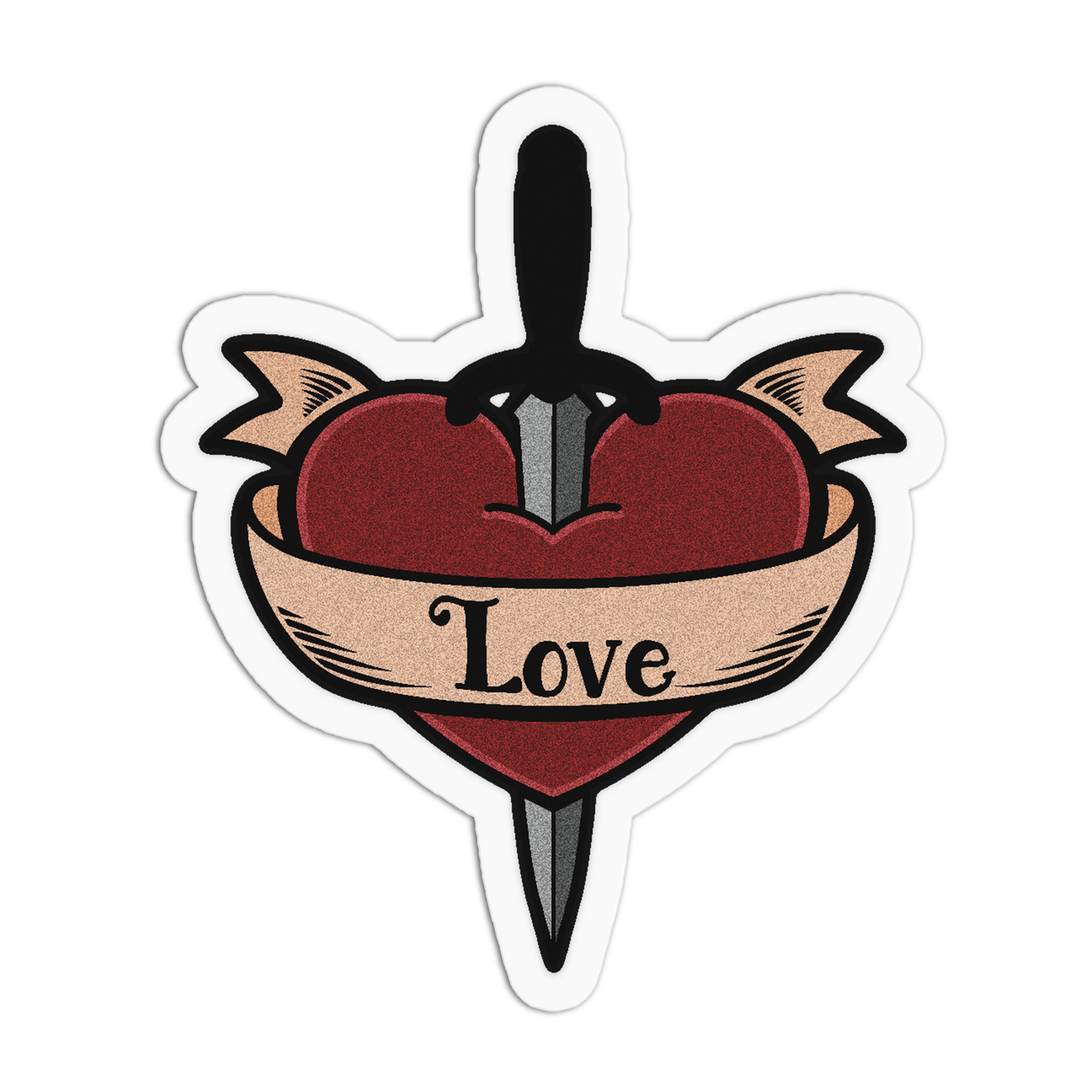 A die-cut sticker featuring a traditional tattoo-style red heart pierced by a black and silver dagger, wrapped in a beige banner with the word 'Love' in black script, shown on a plain white background.