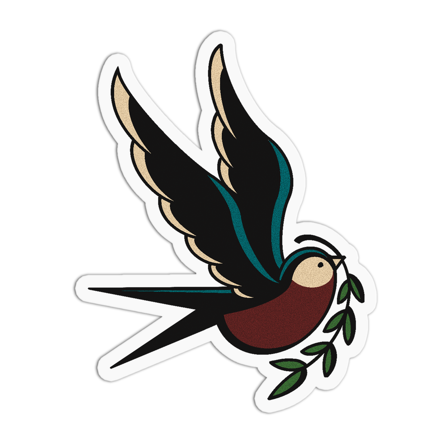 A die-cut vinyl sticker featuring a stylized swallow bird in flight holding a green olive branch. The bird has black wings with cream tips, a dark teal body accent, a reddish-brown chest, and a cream head, all outlined in black with a white sticker border.