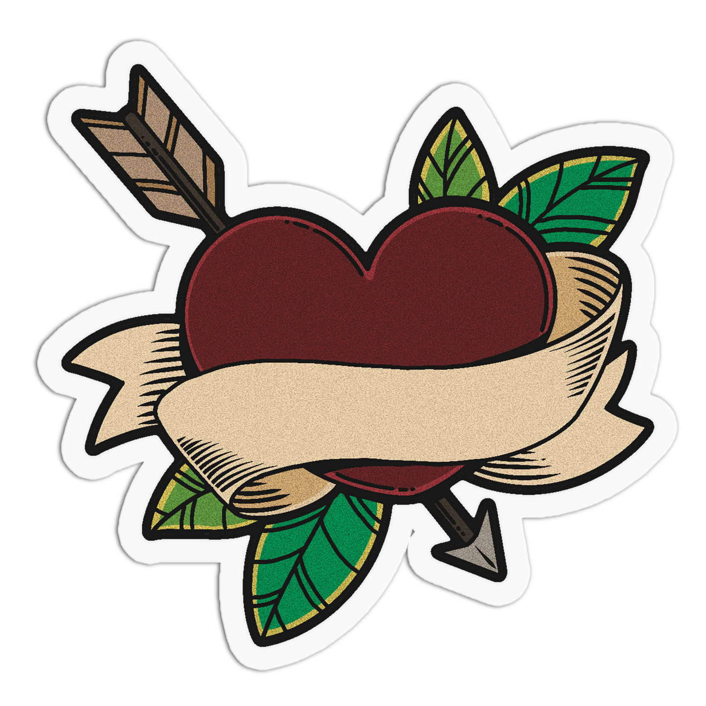 A die-cut sticker featuring a traditional tattoo-style heart pierced by an arrow, wrapped with a blank beige banner, with green leaves around it, shown on a white background.