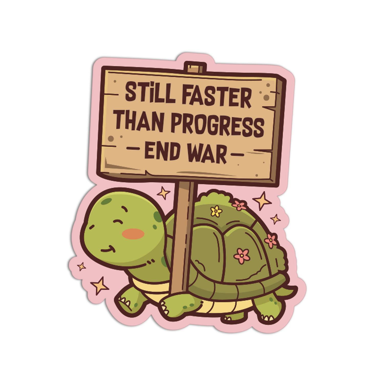 Cartoon turtle holding a sign with text on a white background