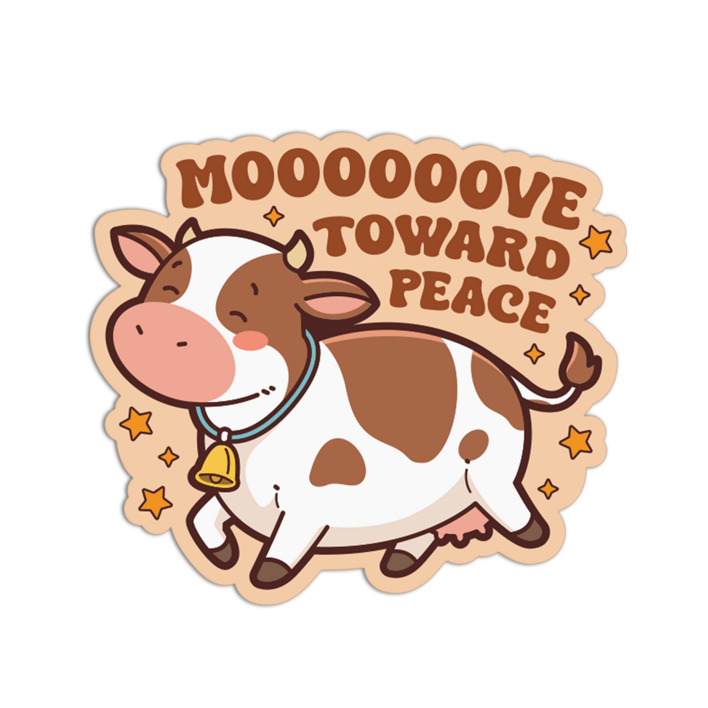 Cartoon cow with a bell around its neck and 'MOOOOOVE TOWARD PEACE' text on a white background