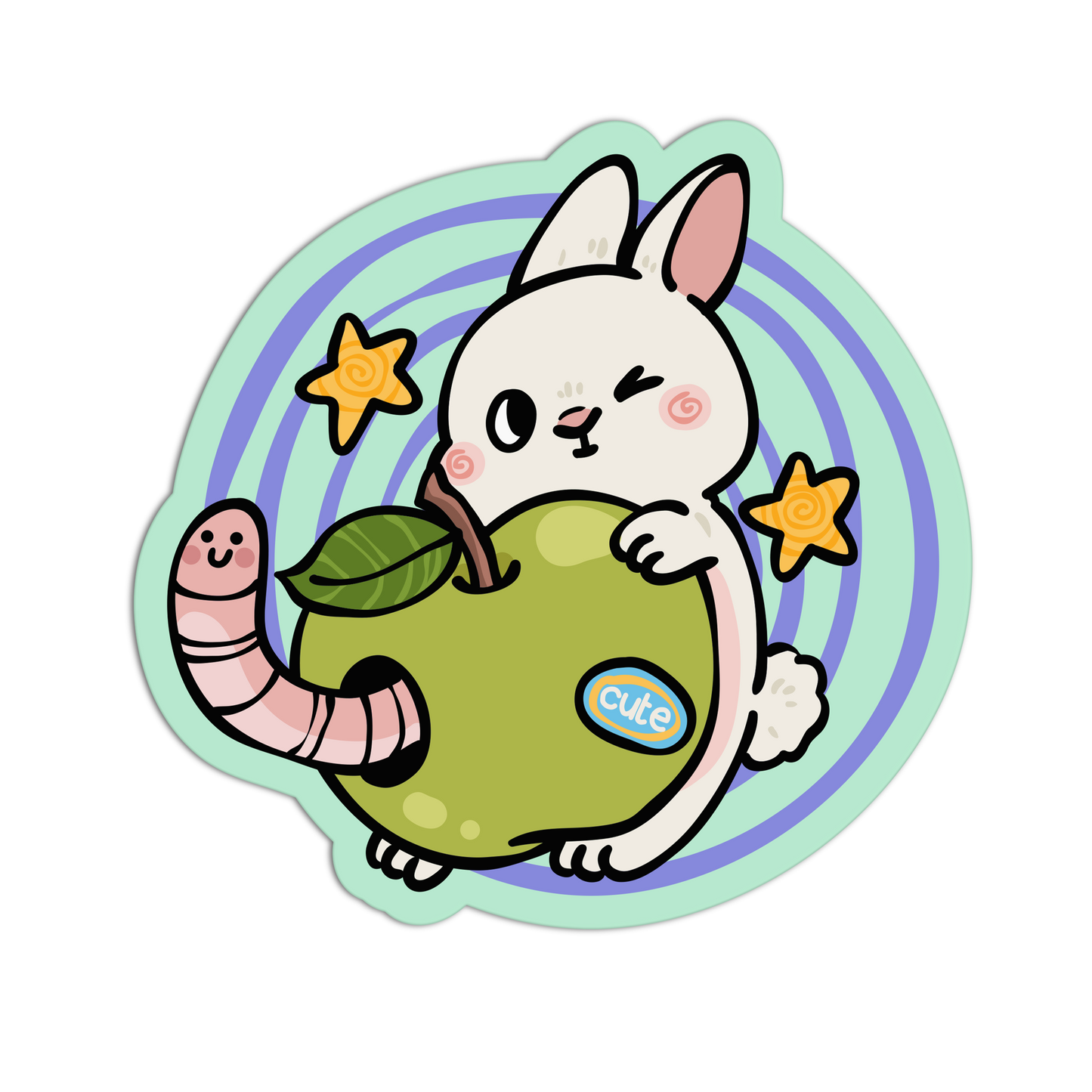 Cartoon rabbit holding a green apple with a worm, surrounded by stars on a circular background.