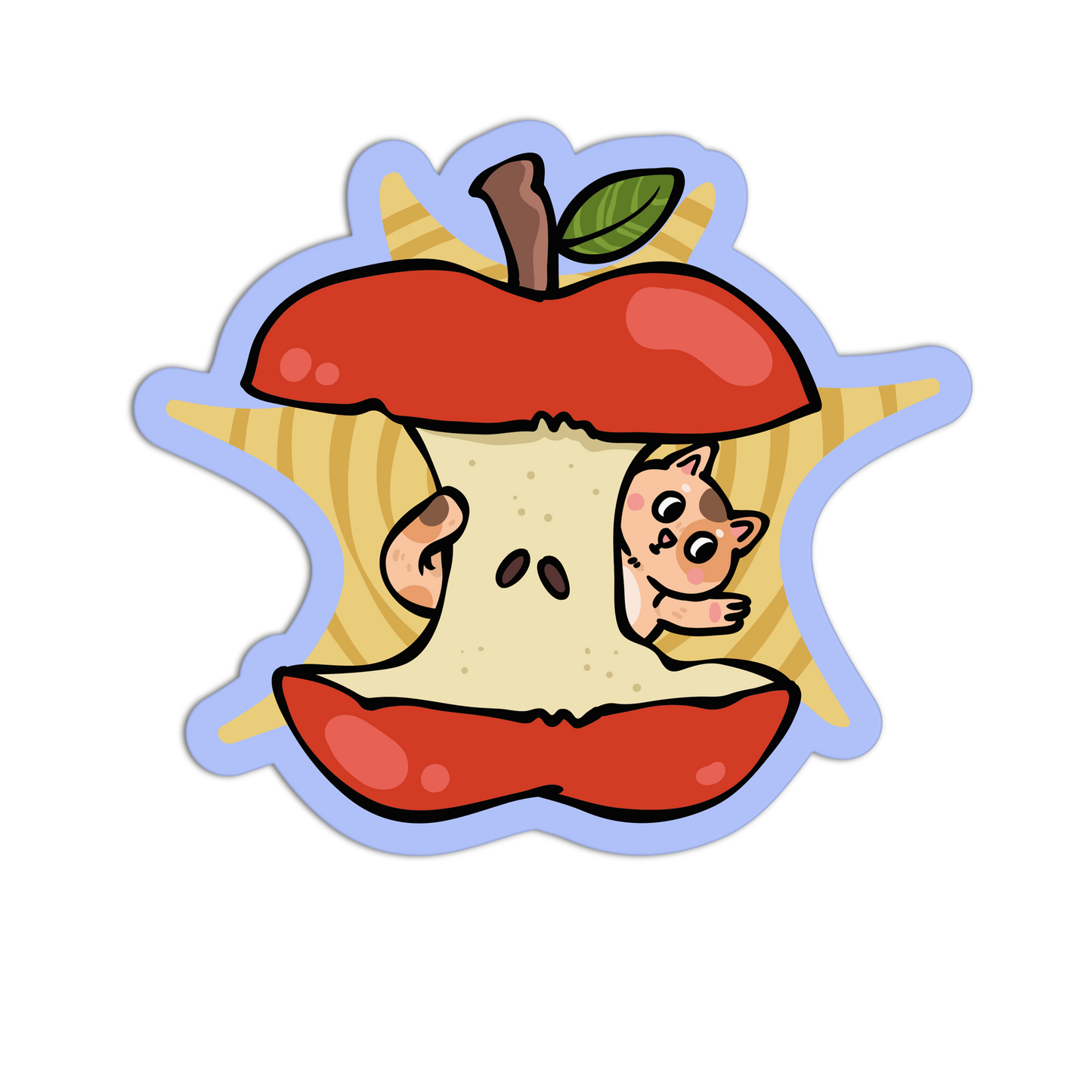 Cartoon character peeking out from a sliced apple with a star-shaped cutout on a white background