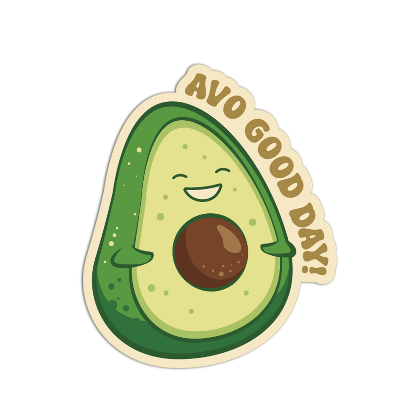 Cartoon avocado with a smiley face and 'AVO GOOD DAY!' text on a white background