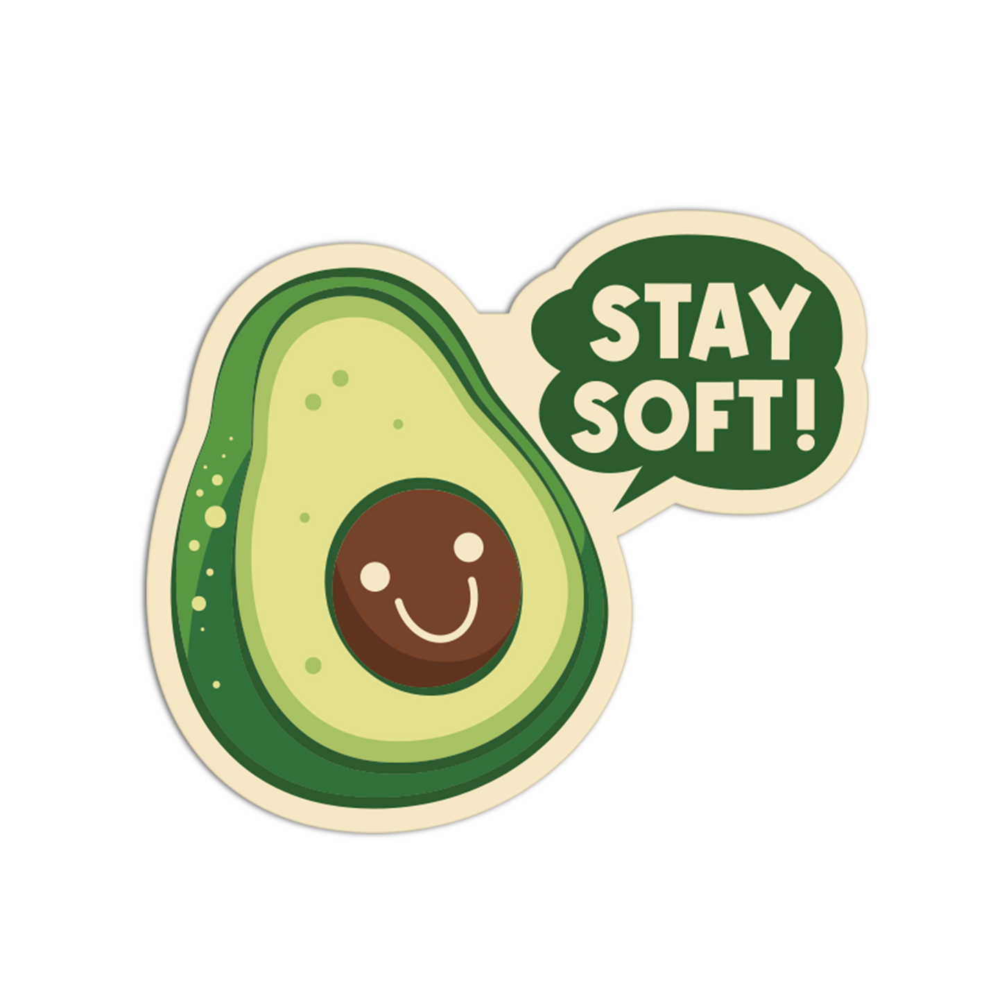 Avocado sticker with a smiley face and 'Stay Soft!' text on a white background