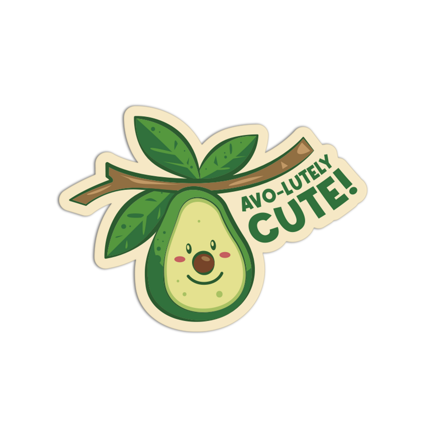 Cartoon avocado with a smiling face and 'Avo-lutely Cute!' text on a white background
