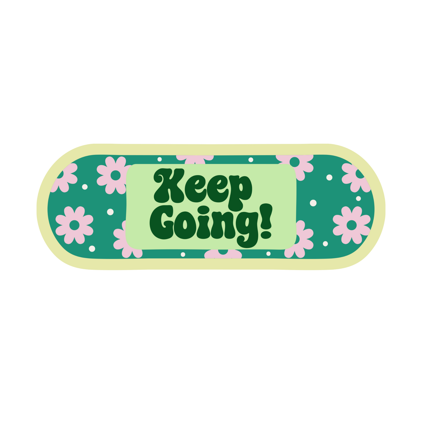 Bandage with 'Keep Going!' text and floral design on a white background