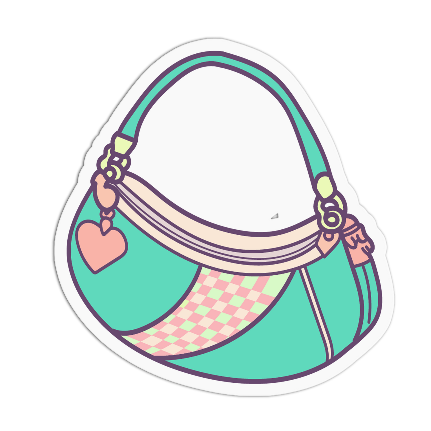 A die-cut sticker featuring a stylized mint green shoulder bag with a pink and white checkered pattern, a pink heart charm, and a white background.