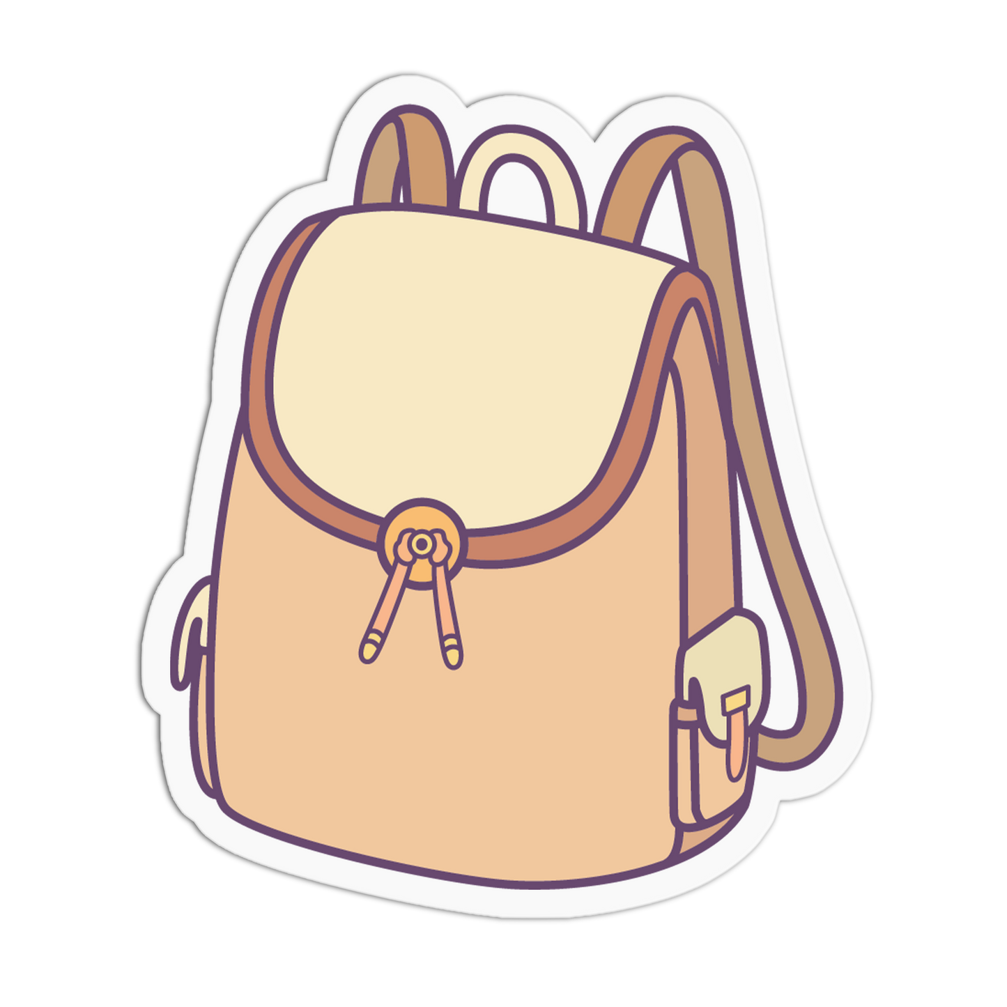 A die-cut sticker featuring a cartoon-style beige and peach backpack with brown straps and outlines, shown on a plain white background.