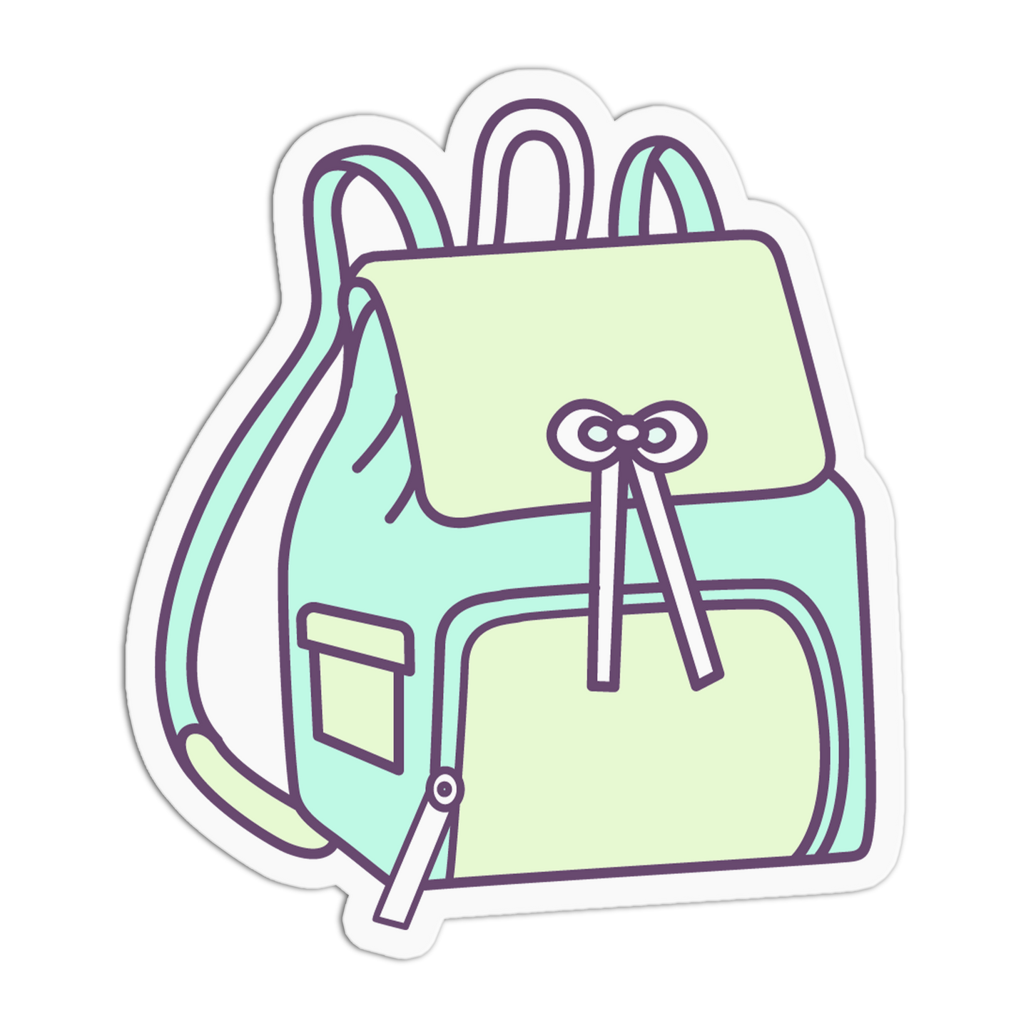 A die-cut sticker featuring a minimalist line art illustration of a backpack in pastel mint green and pale yellow-green with dark purple outlines, shown on a plain white background.