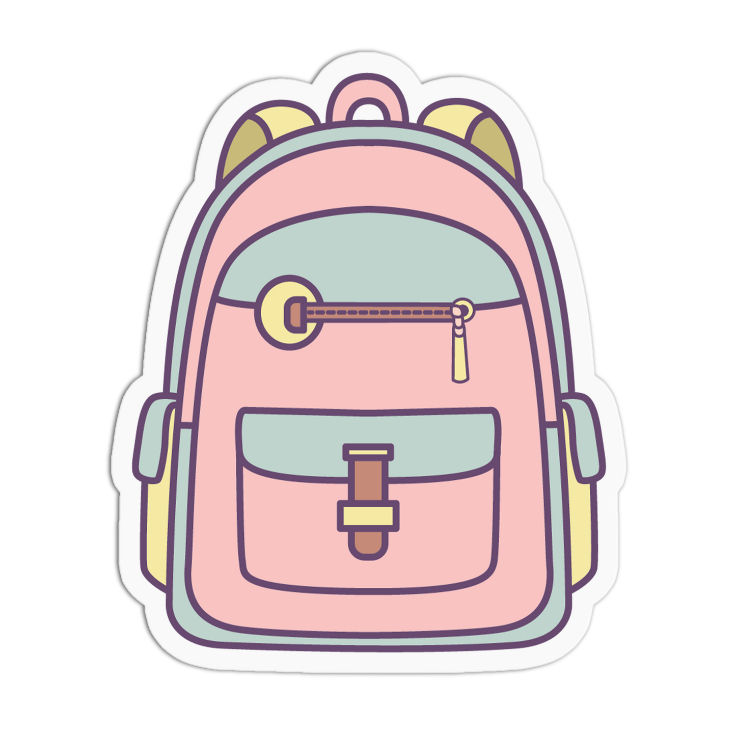 A die-cut sticker featuring a cute, minimalist cartoon illustration of a pink backpack with pastel accents, shown on a plain white background.