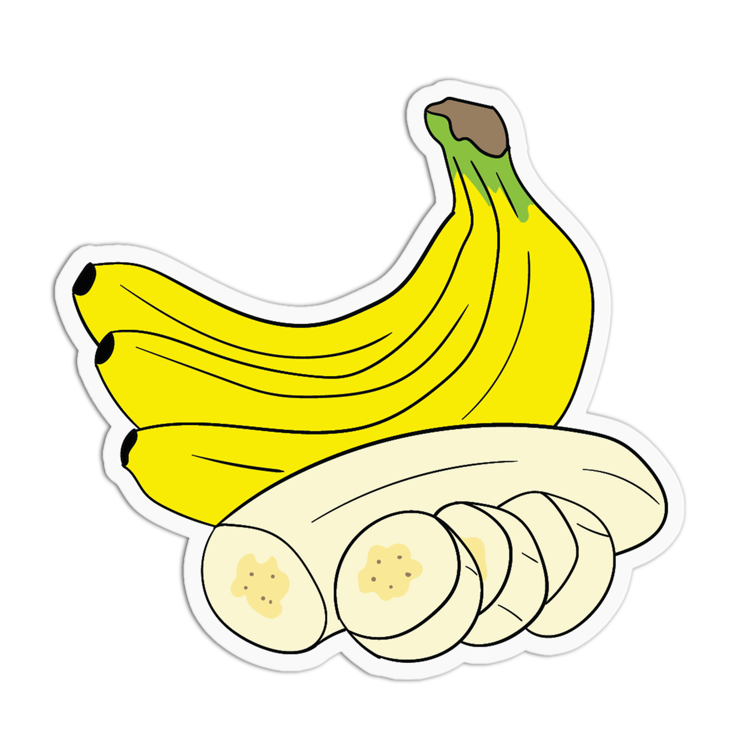 Illustration of a bunch of bananas and sliced bananas on a white background