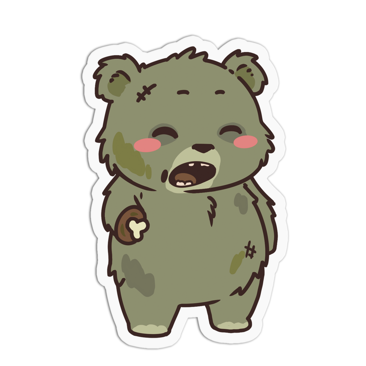 A die-cut sticker featuring a cute, distressed cartoon bear in a dirty olive-green color with pink cheeks, holding a bone, shown on a plain white background.
