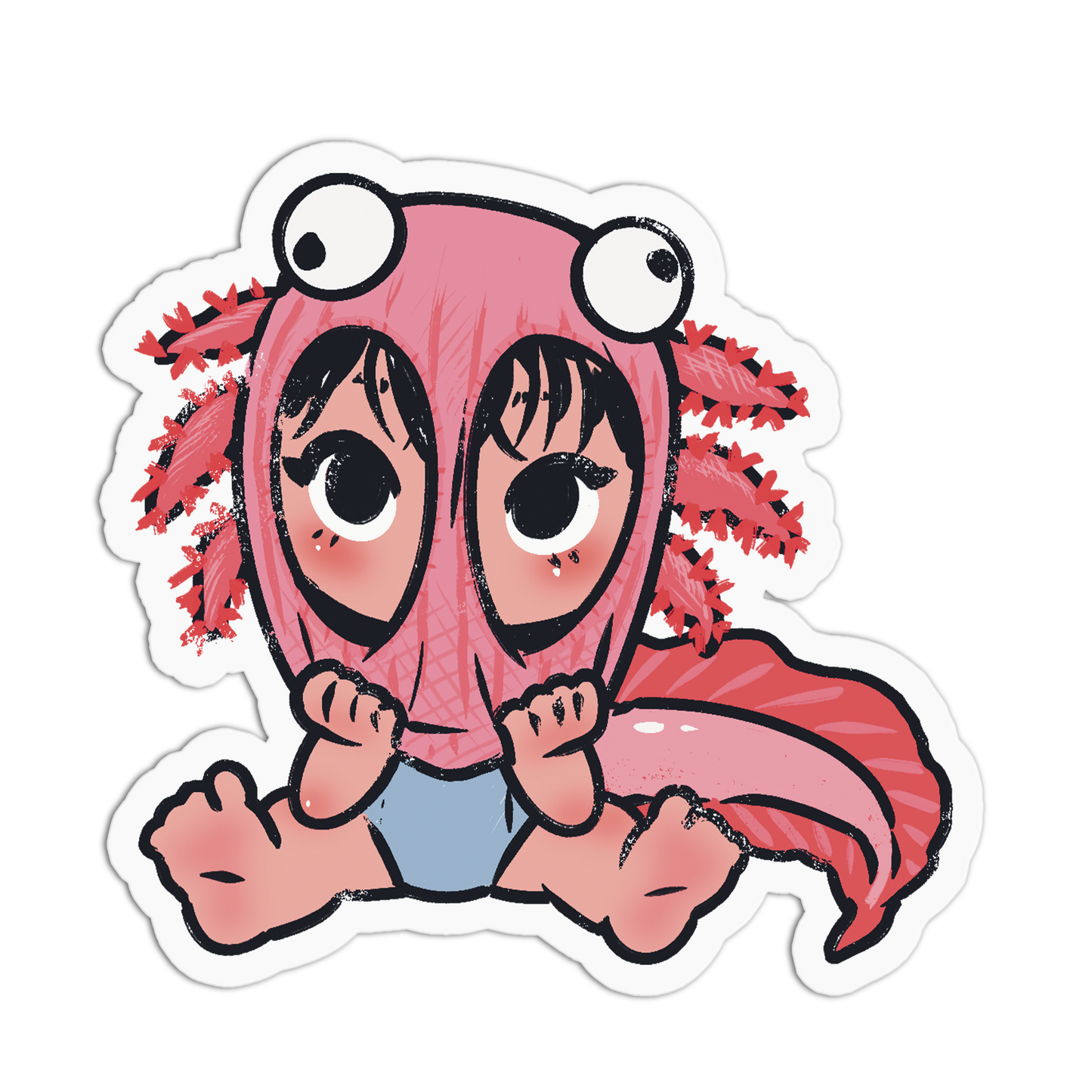 A cartoon die-cut sticker of a pink axolotl-like character with large white eyes, red external gills, and a light blue diaper, shown on a plain white background.