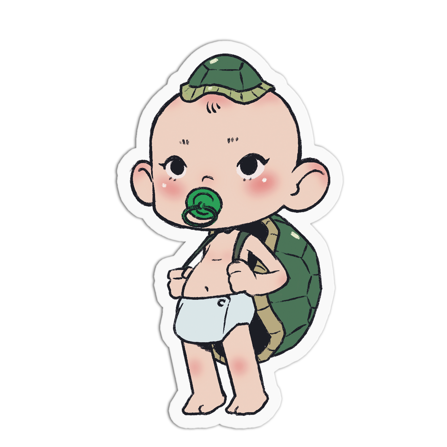 A cartoon baby sticker featuring a cute chibi baby character wearing a green turtle hat and carrying a green turtle shell backpack, with a green pacifier in its mouth, shown on a white background with a die-cut outline.