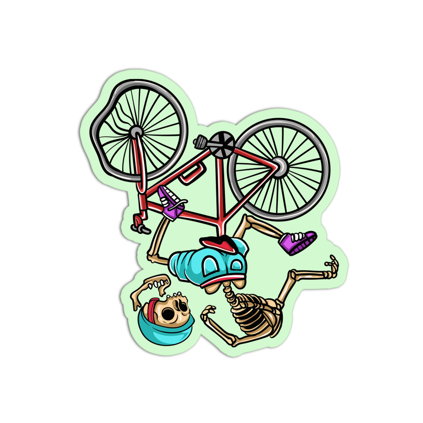 Upside down skeleton on a Bicycle