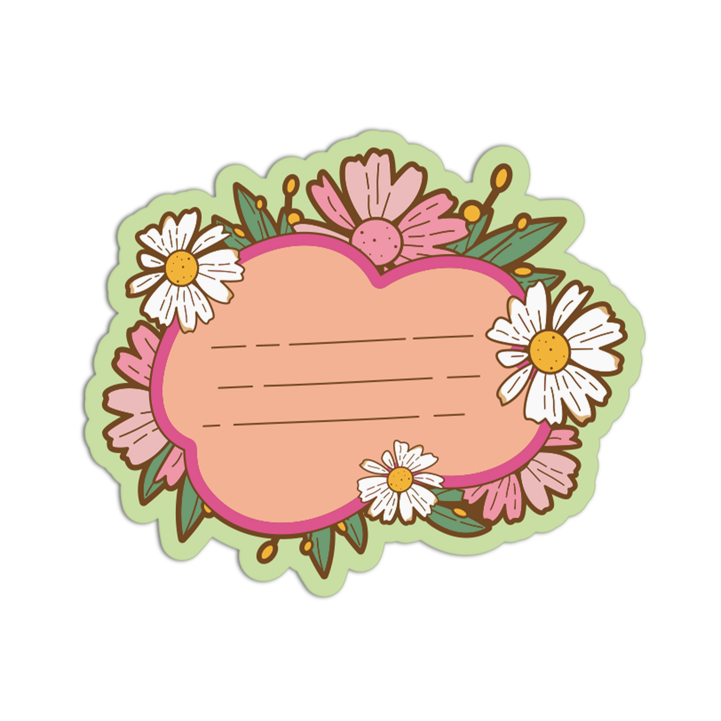A scalloped decorative label or sticker design featuring a peach center with lined writing space, surrounded by pink flowers, white daisies, green leaves, and a light green border on a white background.