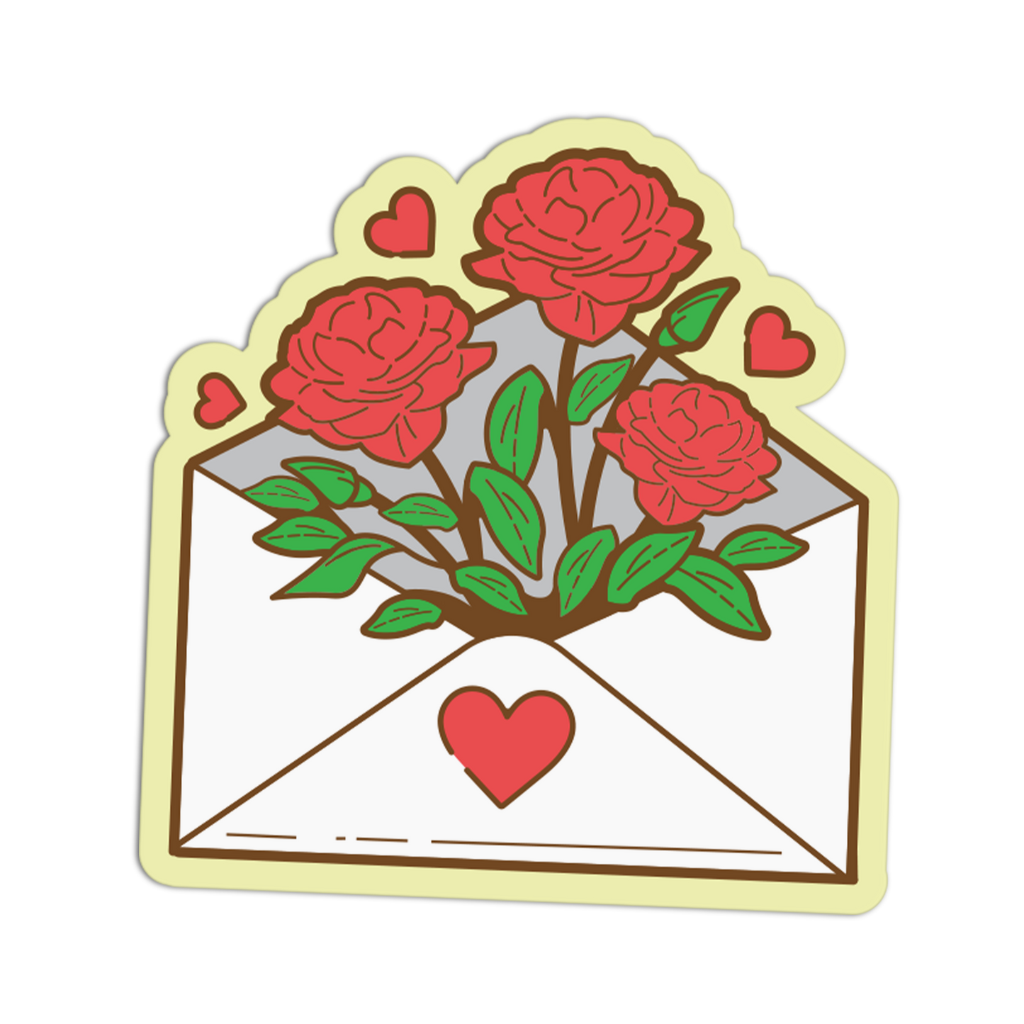 A die-cut sticker featuring an open white envelope with three red roses and green leaves, plus small red hearts, shown on a plain white background.