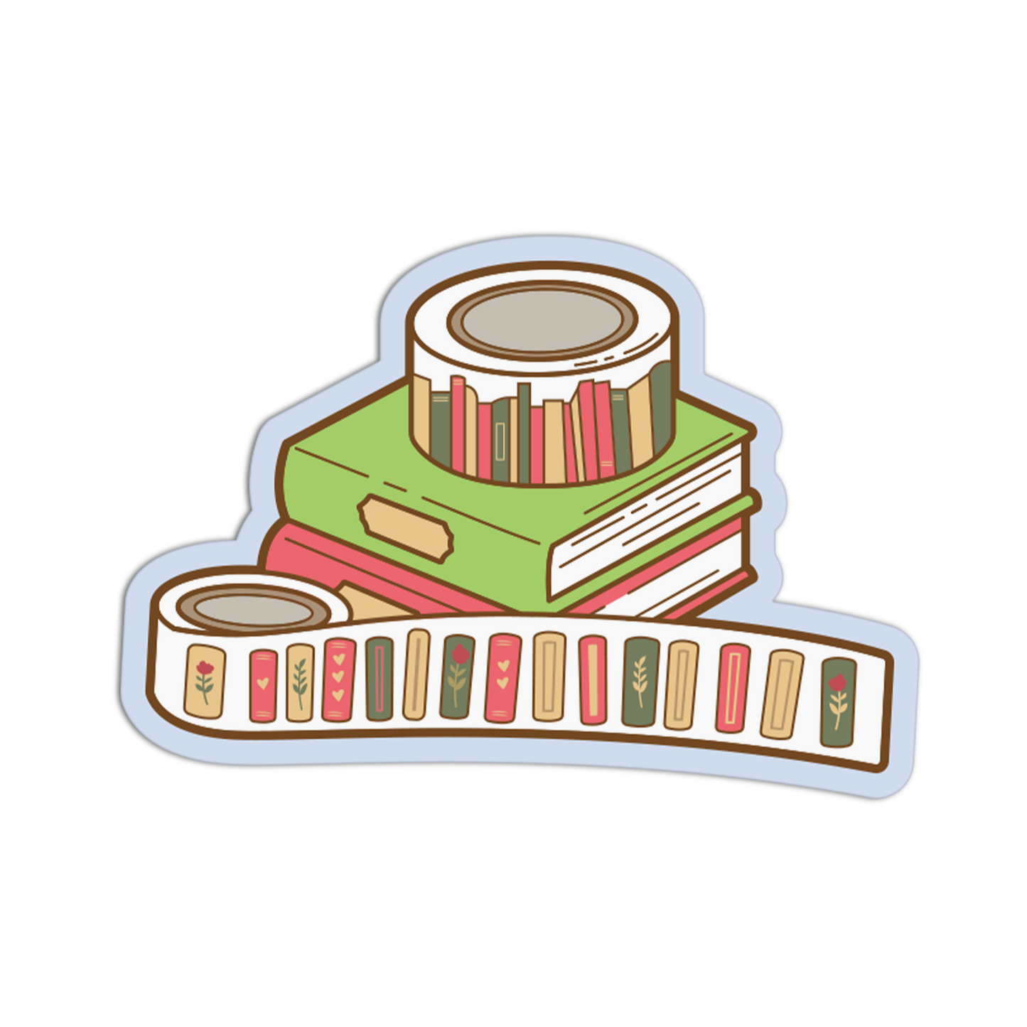 A die-cut sticker featuring an illustration of stacked books with a roll of decorative tape unspooled across the front. The tape has vertical book spine patterns in muted red, green, beige, and brown tones, shown on a plain white background.