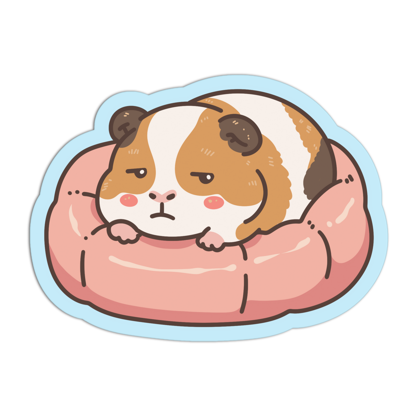 A die-cut sticker featuring a cute cartoon guinea pig with an angry expression resting on a pink bed, outlined in light blue, shown on a plain white background.