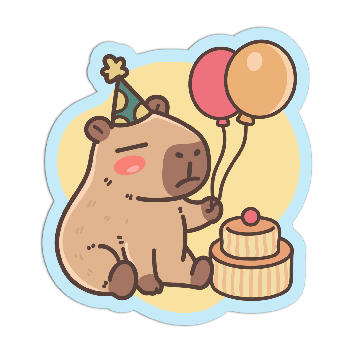 A cartoon sticker-style illustration of a capybara wearing a party hat and holding two balloons next to a small tiered cake on a pale yellow background with a light blue border.