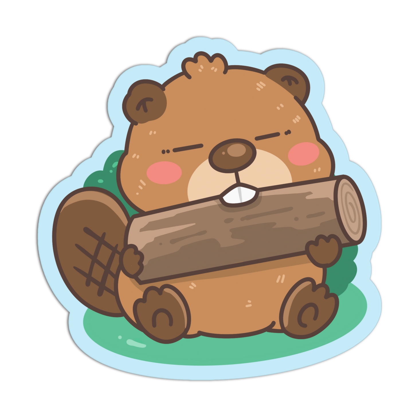 A cartoon beaver sticker or decal showing a cute brown beaver holding a log, with pink cheeks, a light blue outline, and a green ground detail on a plain white background.